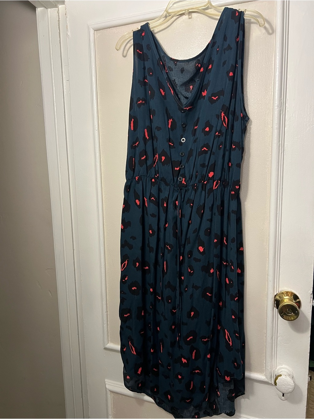 Sleeveless Navy Dress with Coral Abstract Print